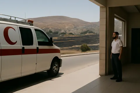 Grounded editorial scene illustrating Two Palestinian men were shot dead in Beit Furik, east of Nablus, during attempts to extinguish fires on farmland reportedly set by Israeli settlers.