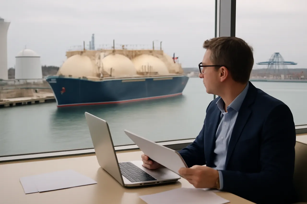 Industrial port worker overlooking bulk-material handling equipment and a cargo vessel.