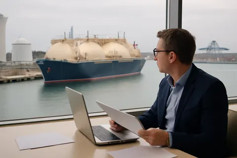 Industrial port worker overlooking bulk-material handling equipment and a cargo vessel.
