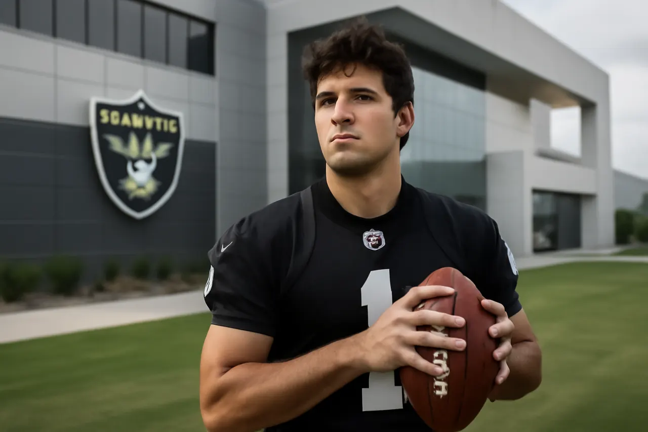 Grounded editorial scene illustrating The 2026 first overall NFL draft pick Fernando Mendoza officially begins his era with the Raiders, while veteran Kirk Cousins retains the starting quarterback role heading into camp.
