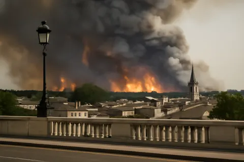 Grounded editorial scene illustrating A large wildfire has scorched thousands of hectares of forest near Bordeaux, France, prompting mass evacuations.