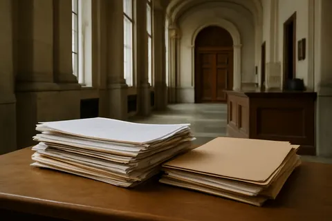 Quiet courthouse or legal-work setting with documents and civic architecture.