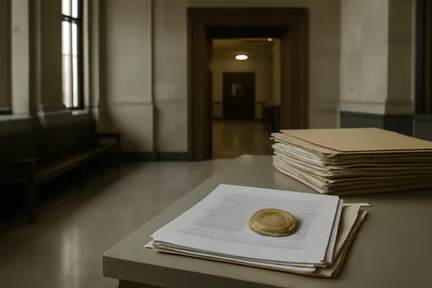 Quiet courthouse or legal-work setting with documents and civic architecture.