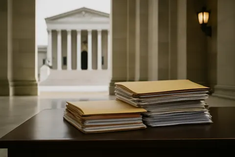 Quiet courthouse or legal-work setting with documents and civic architecture.