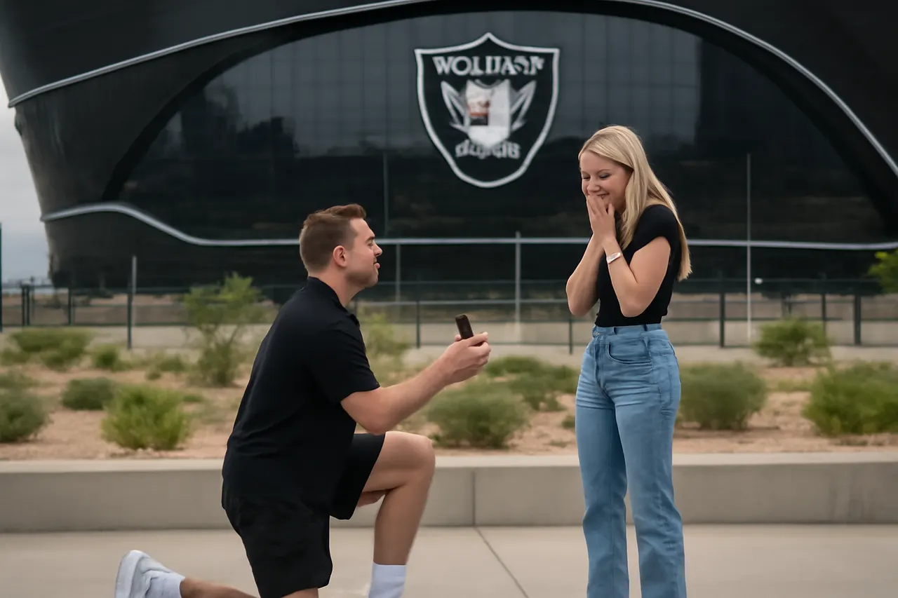 Grounded editorial scene illustrating Las Vegas Raiders tight end Brock Bowers surprised longtime girlfriend Cameron Rose Newell with a proposal, ensuring she starts the new NFL season engaged.