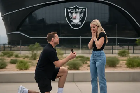 Grounded editorial scene illustrating Las Vegas Raiders tight end Brock Bowers surprised longtime girlfriend Cameron Rose Newell with a proposal, ensuring she starts the new NFL season engaged.