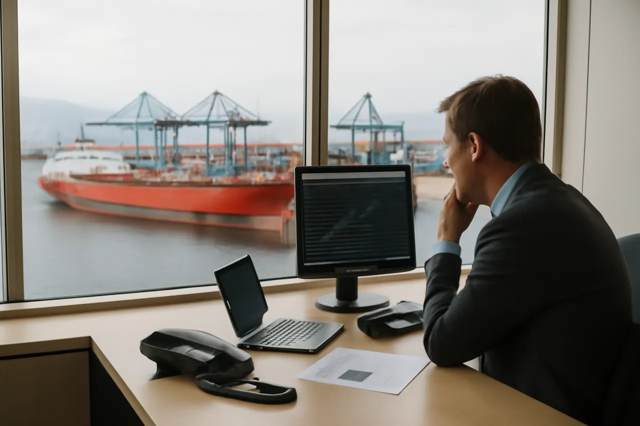 Industrial port worker overlooking bulk-material handling equipment and a cargo vessel.