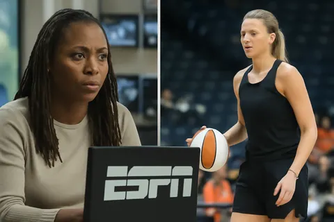 Grounded editorial scene illustrating Tomi Lahren responded to Jemele Hill's criticism of OutKick's ESPN layoffs scoop and praised WNBA player Sophie Cunningham for her stance on protecting women's sports.