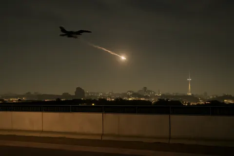 Grounded editorial scene illustrating The United States has launched airstrikes for the 13th straight night, while Iranian officials caution that continued attacks may provoke retaliation against Gulf countries.