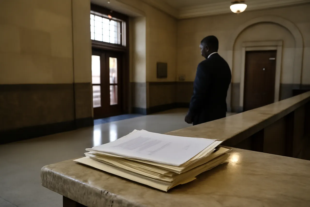 Quiet courthouse or legal-work setting with documents and civic architecture.