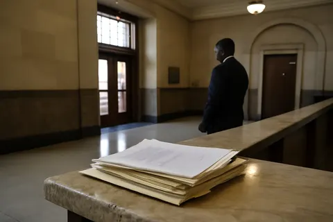 Quiet courthouse or legal-work setting with documents and civic architecture.