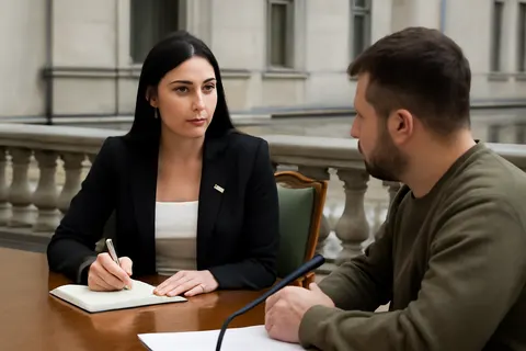 Grounded editorial scene illustrating Laura Loomer, a close ally of former US President Donald Trump, met and interviewed Ukraine’s Volodymyr Zelenskyy, reversing her previous hostility toward Ukraine amid ongoing geopolitical tensions.