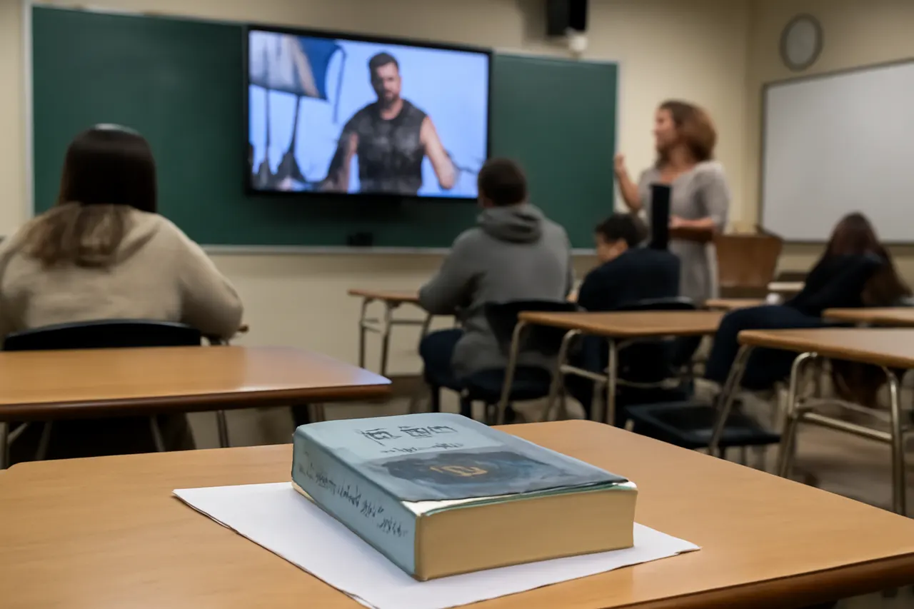 Grounded editorial scene illustrating English teachers across the United States welcome a fresh cinematic version of the ancient epic to engage students in classical literature.