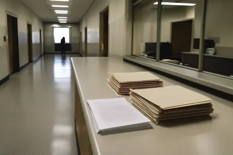 Quiet courthouse or legal-work setting with documents and civic architecture.