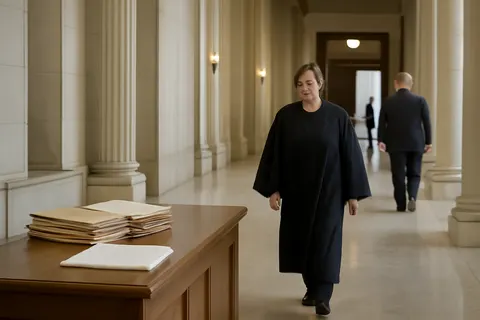 Quiet courthouse or legal-work setting with documents and civic architecture.