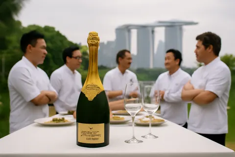 Grounded editorial scene illustrating Renowned chefs from across Southeast Asia gathered in Singapore to celebrate the regional debut of Krug Grande Cuvée 174ème Édition through culinary collaborations and food pairings.