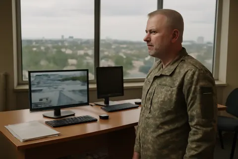 Grounded editorial scene illustrating Ukrainian Colonel Mykhailo Drapatyi, known for his daring 2014 Mariupol operation, now leads Ukraine’s military amid ongoing conflict with Russia.