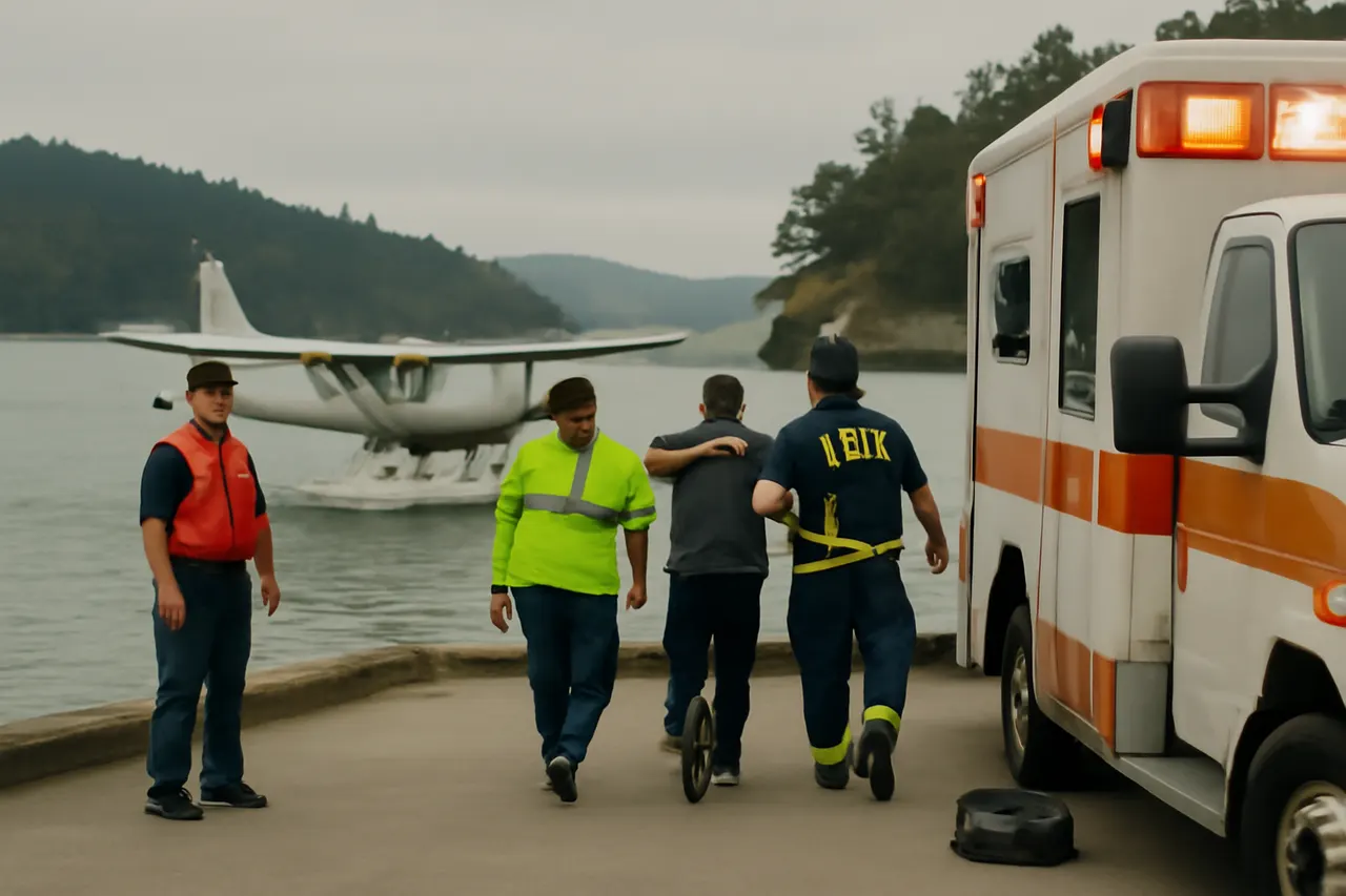 Grounded editorial scene illustrating A Kenmore Air de Havilland DHC-3 Otter made an emergency landing near Sucia Island before catching fire, injuring multiple people and prompting a large rescue operation.