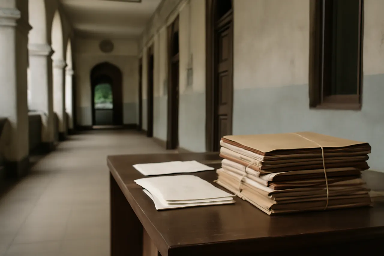 Quiet courthouse or legal-work setting with documents and civic architecture.