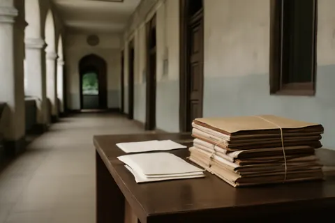 Quiet courthouse or legal-work setting with documents and civic architecture.