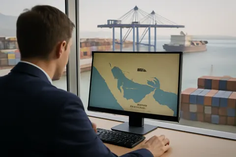 Industrial port worker overlooking bulk-material handling equipment and a cargo vessel.