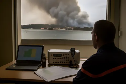Grounded editorial scene illustrating Hundreds flee by boat as fires consume thousands of hectares in southwestern France, with over 23,000 people evacuated in the Landes region.