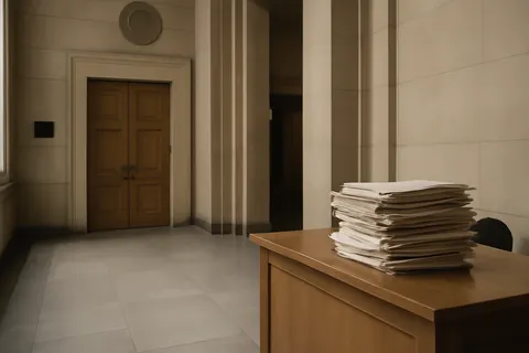 Quiet courthouse or legal-work setting with documents and civic architecture.