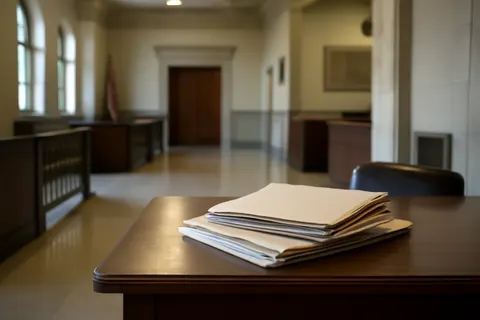 Quiet courthouse or legal-work setting with documents and civic architecture.