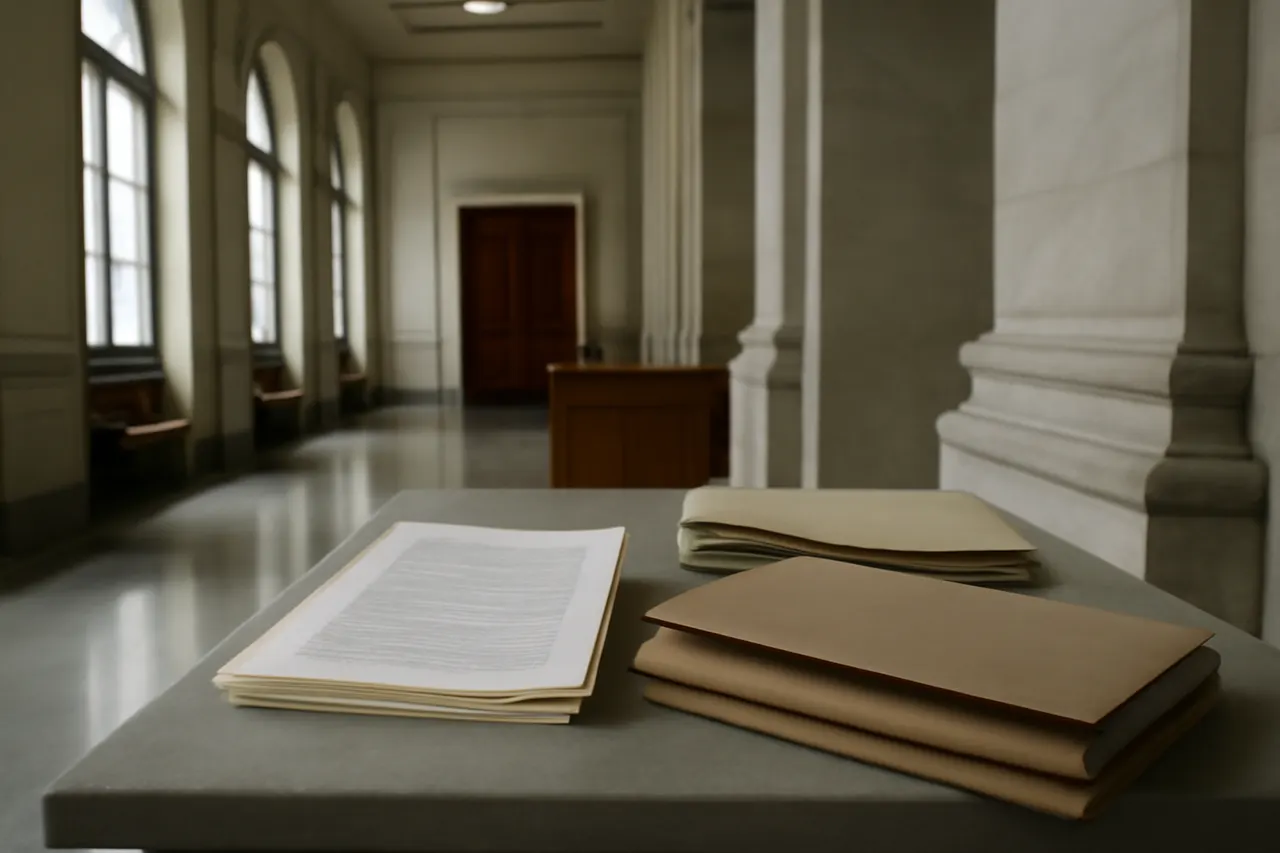 Quiet courthouse or legal-work setting with documents and civic architecture.