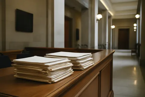 Quiet courthouse or legal-work setting with documents and civic architecture.