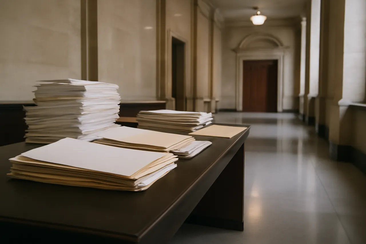 Quiet courthouse or legal-work setting with documents and civic architecture.