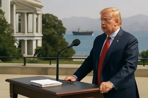 Grounded editorial scene illustrating President Trump warns Iran of intensified military action while the administration focuses on reopening the Strait of Hormuz, with no clear conditions set for ending the conflict.