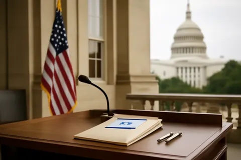 Grounded editorial scene illustrating Israeli Prime Minister Benjamin Netanyahu will meet with former President Donald Trump and honor late Senator Lindsey Graham at memorial events in Washington, amid ongoing U.S.-Israel operations against Iran.