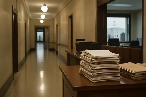 Quiet courthouse or legal-work setting with documents and civic architecture.
