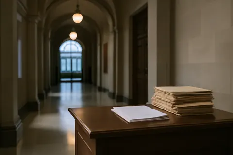 Quiet courthouse or legal-work setting with documents and civic architecture.