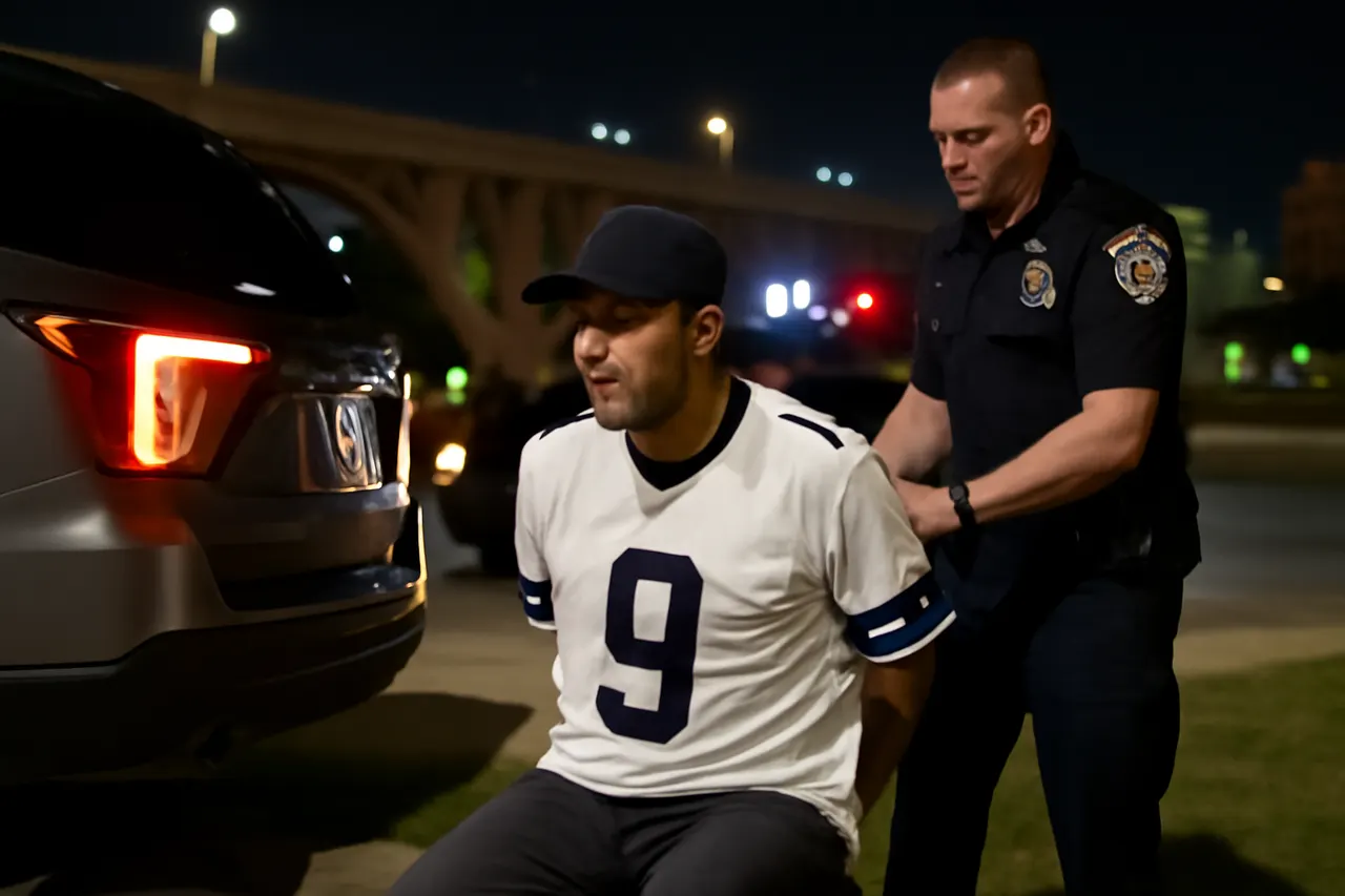 Grounded editorial scene illustrating Former Dallas Cowboys quarterback and current CBS analyst Tony Romo was taken into custody in Milwaukee on July 24, 2026, following a traffic stop and poor performance on sobriety tests.