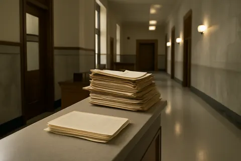 Quiet courthouse or legal-work setting with documents and civic architecture.
