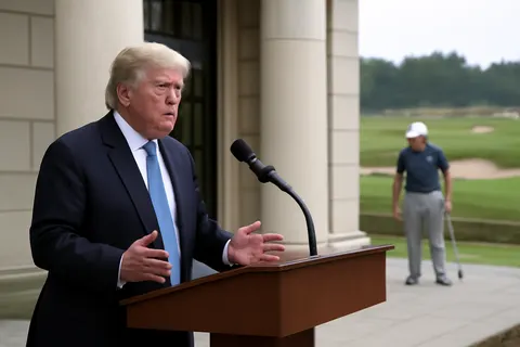 Grounded editorial scene illustrating President Donald Trump weighed in on the penalty given to LIV Golf star Bryson DeChambeau at The Open, calling the decision difficult and expressing sympathy for the golfer.
