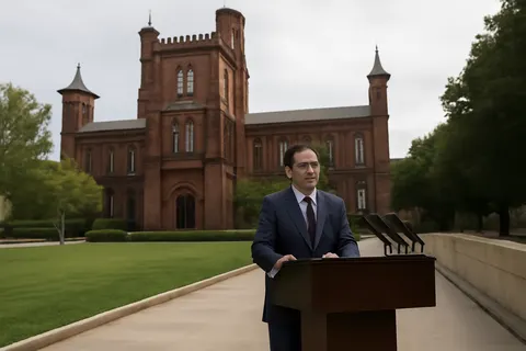 Grounded editorial scene illustrating Texas Republican Rep. Brandon Gill backs President Donald Trump's executive action addressing perceived left-wing activism at the Smithsonian Museum, calling for museum officials to be removed.