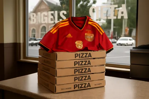 Grounded editorial scene illustrating After winning the World Cup, the Spanish team enjoyed 46 pizzas made by BXJ, a bagel shop in Orange, New Jersey.