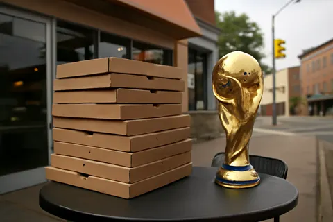 Grounded editorial scene illustrating After their win, the Spanish World Cup team enjoyed 46 pizzas made by BXJ, a bagel shop in Orange, New Jersey.