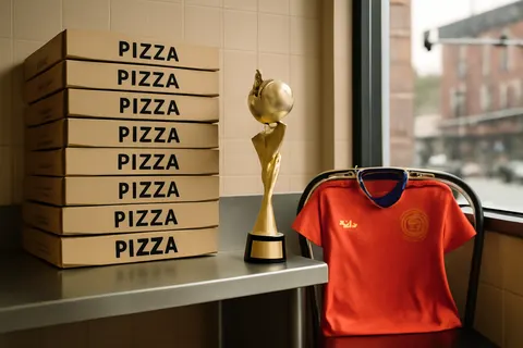 Grounded editorial scene illustrating After their recent win, the Spanish World Cup team enjoyed 46 pizzas made by BXJ, a bagel shop in Orange, New Jersey.