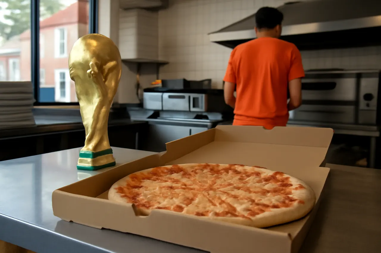 Grounded editorial scene illustrating After winning the World Cup on July 25, 2026, the Spanish team enjoyed 46 pizzas made by BXJ, a bagel shop in Orange, New Jersey.