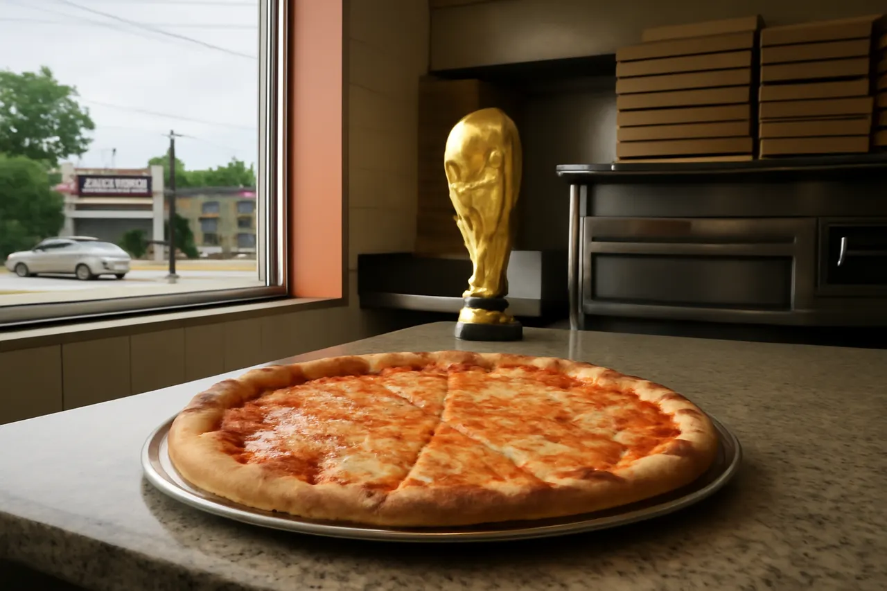 Grounded editorial scene illustrating After their World Cup victory, the Spanish team enjoyed pizza from BXJ, a bagel shop in Orange, New Jersey.