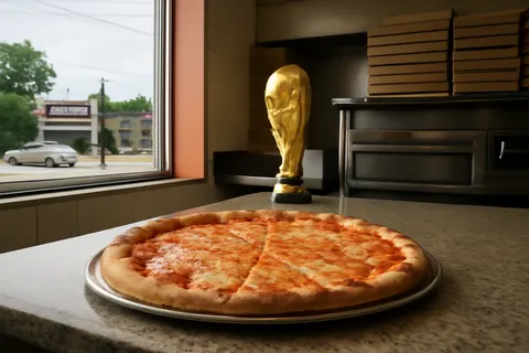 Grounded editorial scene illustrating After their World Cup victory, the Spanish team enjoyed pizza from BXJ, a bagel shop in Orange, New Jersey.
