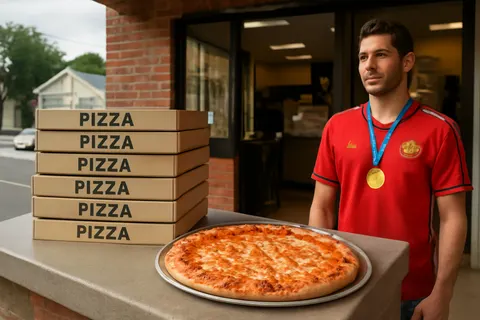Grounded editorial scene illustrating After winning the World Cup on July 25, 2026, the Spanish team enjoyed 46 pizzas from BXJ, a bagel shop in Orange, New Jersey.