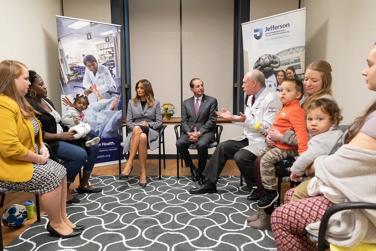 First Lady Melania Trump and Secretary of Health and Human Services Alex Azar participate in a meet and greet with mothers and babies born with neonatal abstinence syndrome Wednesday, Oct. 17, 2018, alongside leadership from the Maternal Addiction, Treatment, Education and Research (MATER) program at the Thomas Jefferson University Hospital Pavilion Building in Philadelphia. (Official White House Photo by Andrea Hanks)