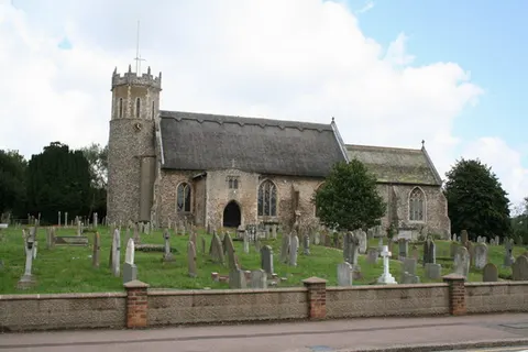 St. Edmund's Church, Acle, Norfolk This beautiful church is an absolute gem, unique with its combination of a round tower (with octagonal battlemented top) and a thatched roof. The building is believed to date back to 900 A.D. and has been fully and lovingly restored. Acle is a large and lively village: almost a small town, after all, it boasts a motel and a railway station. If you want to escape from the Hooray Henries and floating gin palaces on the Broads, try Acle.