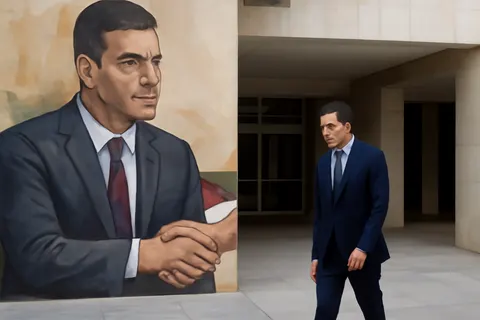 Grounded editorial scene illustrating Spanish Prime Minister Pedro Sanchez expressed gratitude to Layan Al Quqa, a young artist in Gaza, for creating a mural depicting him and celebrating the bond between Spain and Palestine.