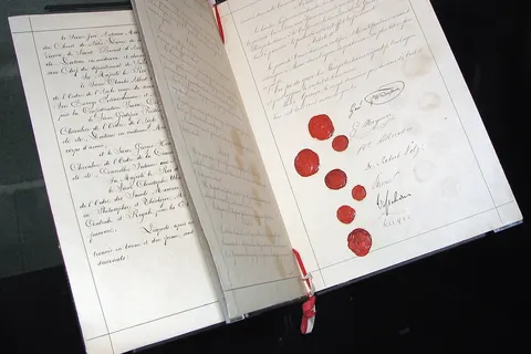 Facsimile of the original first Geneva Convention from 1864, on loan to the International Red Cross and Red Crescent Museum in Geneva, Switzerland.